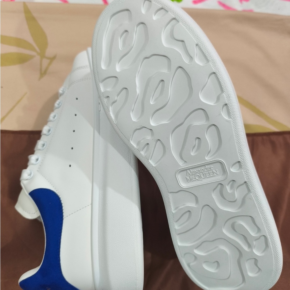 Alexander McQueen White Leather Sneakers with Blue Heel Tab - Picture 8 of 8